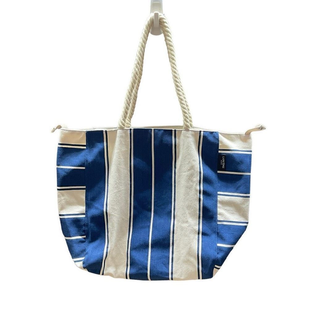 Lancome Tote Bag Canvas Soft Rope Handles Blue White Block Color Snap Closure